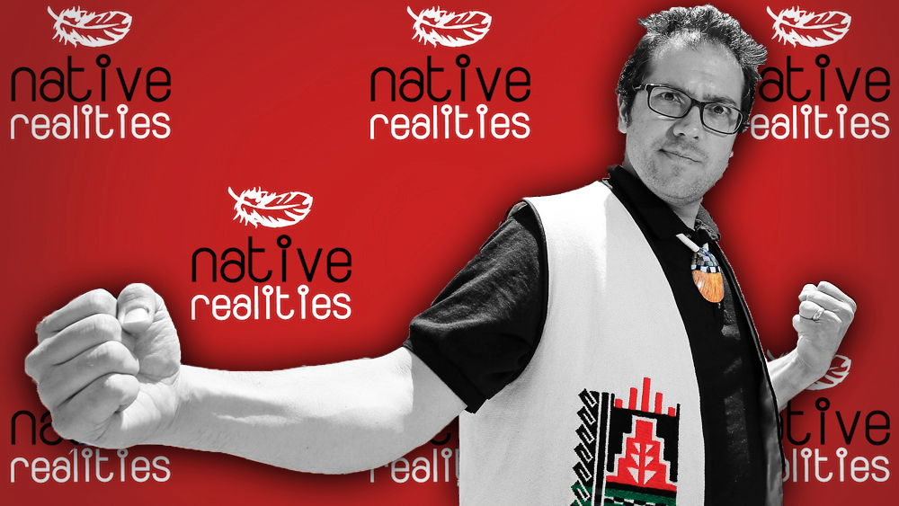 picture of Dr. Lee Francis cropped over a red backdrop that repeats the Native Realities logo.